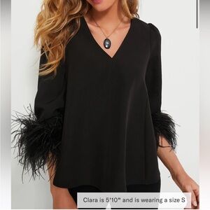 Elegant Black Feather Trim V-Neck Top